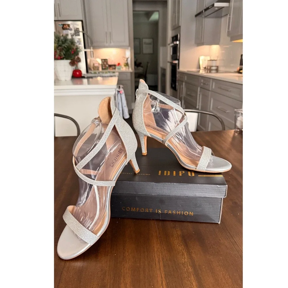 IDIFU Womens Silver Glitter Strappy Heels Ankle Strap Stiletto Sandals Size‎ 9.5